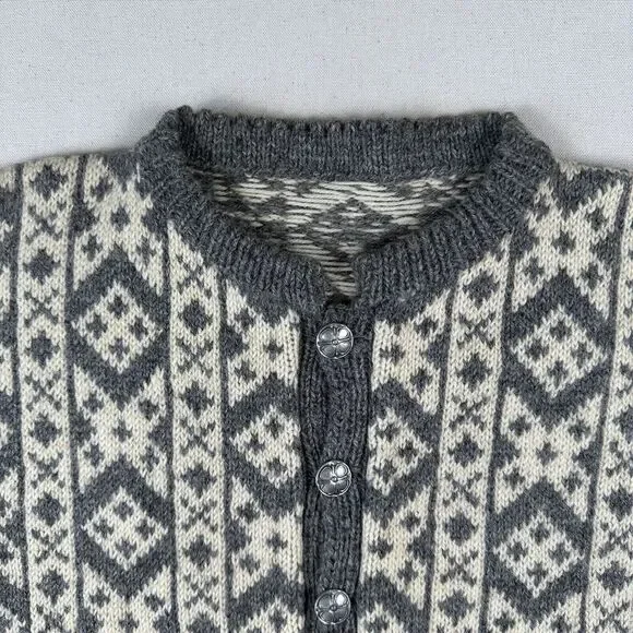 Vintage Unbranded Fair Isle Wool Knit Cardigan Women’s Medium Gray Beige Sweater - Picture 6 of 16